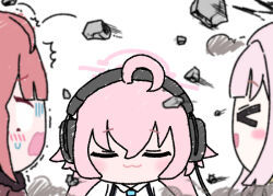  >_< 3girls :3 ahoge aru_(blue_archive) blank_eyes blue_archive blunt_bangs blush chibi chibi_only closed_eyes commentary debris halo headphones hoshino_(blue_archive) huge_ahoge ishowspeed_trying_not_to_laugh_(meme) jazz_jack meme mika_(blue_archive) multiple_girls pink_hair pink_halo simple_background smoke solo_focus surprised sweatdrop untranslatable_commentary white_background 