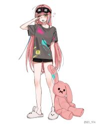  1girl animal_slippers arm_at_side artist_request bare_legs black_shorts blush bra_strap bunny_slippers commentary_request full_body gift_art green_eyes grey_shirt hanako_nana hand_up highres jpeg_artifacts korean_commentary long_hair mask mask_on_head one_eye_closed open_mouth peto_(hanako_nana) pink_hair rubbing_eyes second-party_source shirt short_shorts short_sleeves shorts simple_background sleep_mask slippers solo squeans standing stellive straight_hair stuffed_animal stuffed_rabbit stuffed_toy t-shirt very_long_hair virtual_youtuber white_background white_slippers 
