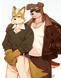  2boys absurdres animal_ears aviator_sunglasses bill_grey closed_mouth dog_boy dog_ears dog_tail fox_boy fox_ears fox_mccloud fox_tail furry furry_male hand_in_pocket hand_on_another's_shoulder highres jacket leather leather_jacket looking_at_another looking_to_the_side male_focus multiple_boys smile star_fox sunglasses tail uza_(hellme) 