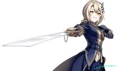  1girl aiguillette akane_(getwild23) artist_name belt black_coat black_gloves black_pants blonde_hair coat cowboy_shot curtained_hair diamond_hair_ornament epaulettes gloves hair_ornament hand_on_own_chest hasumi_leia high_collar highres holding holding_sword holding_weapon long_sleeves looking_at_viewer mahou_shoujo_no_majo_saiban pants sash short_hair shoulder_sash signature simple_background solo sword teeth weapon white_background yellow_eyes 