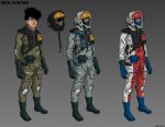  3boys black_hair boots character_name choujikuu_yousai_macross cold_war concept_art dsunoo english_commentary english_text gloves headwear_removed helmet helmet_removed highres ichijou_hikaru macross multiple_boys oxygen_mask pilot_suit real_life rick_hunter robotech science_fiction signature spacesuit u.n._spacy vest western_comics_(style) 