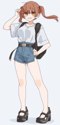  1girl absurdres backpack bag belt blush breasts brown_eyes brown_hair commentary_request denim denim_shorts grey_background hair_ornament hand_in_own_hair hand_on_own_hip high_heel_sandals high_heels highres kopaka_(karda_nui) looking_at_viewer medium_breasts original sandals shirt shorts simple_background smile t-shirt twintails white_shirt 