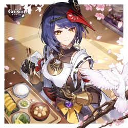  1girl absurdres bird bird_mask black_bodysuit black_gloves blue_hair bodysuit bowl breasts cherry_blossoms chopsticks closed_mouth detached_sleeves food genshin_impact gloves highres holding holding_bowl holding_chopsticks japanese_clothes kimono kujou_sara mask mask_on_head official_art purple_hair purple_kimono raiden_shogun red_mask rice_bowl short_hair single_breast_curtain statue_of_her_excellency_(genshin_impact) tatami tofu vision_(genshin_impact) white_bird yellow_eyes 