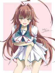  1girl ahoge artist_name blush breasts brown_eyes brown_hair commentary_request cowboy_shot dated gakky highres huge_ahoge kantai_collection kuma_(kancolle) kuma_kai_ni_(kancolle) large_breasts long_hair looking_at_viewer one-hour_drawing_challenge open_mouth pleated_skirt ribbon sailor_collar sailor_shirt school_uniform serafuku shirt short_sleeves skirt smile solo white_background white_shirt white_skirt 