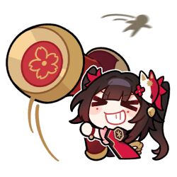  >_< 1girl brown_hair chibi chibi_only closed_eyes commentary english_commentary flower fox_mask grin hammer holding holding_hammer honkai:_star_rail honkai_(series) long_hair mask official_art smile solo sparkle_(honkai:_star_rail) twintails white_background 