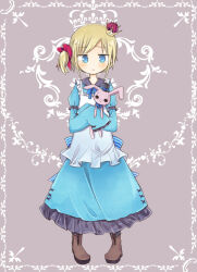  1girl amakaze_sora apron blonde_hair blue_bow blue_dress blue_eyes blush boots bow brown_boots closed_mouth collared_dress commentary_request crown dress folding_fan frilled_apron frilled_dress frills full_body grey_background hair_bow hand_fan hugging_object layered_sleeves long_sleeves mini_crown original pigeon-toed puffy_short_sleeves puffy_sleeves red_bow short_hair short_over_long_sleeves short_sleeves side_ponytail sleeves_past_fingers sleeves_past_wrists solo standing stuffed_animal stuffed_rabbit stuffed_toy swept_bangs tilted_headwear wavy_mouth white_apron 