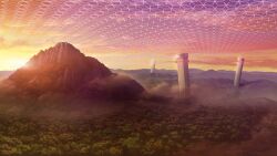  absurdres artist_request clouds day energy_barrier forest game_asset gradient_sky highres mountain nature no_humans orange_sky outdoors purple_shirt scenery shirt sky sun sunset third-party_source touhou touhou_spell_carnival tower tree 