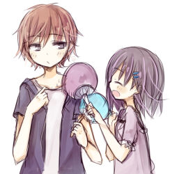  1boy 1girl amakaze_sora black_shirt brown_hair closed_eyes closed_mouth grey_eyes grey_hair grey_shirt hair_ornament hairclip hand_fan holding holding_fan long_hair open_clothes open_mouth open_shirt original paper_fan puffy_short_sleeves puffy_sleeves shirt short_sleeves simple_background uchiwa upper_body white_background white_shirt 