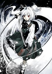  1girl black_footwear black_hairband black_ribbon collared_shirt green_skirt green_vest hair_ribbon hairband highres hitodama holding holding_sword holding_weapon kaigen_1025 katana konpaku_youmu konpaku_youmu_(ghost) long_sleeves open_mouth red_eyes ribbon shirt shoes short_hair skirt socks solo sword touhou vest weapon white_hair white_shirt white_socks 