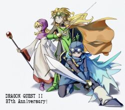  1girl 2boys anniversary aviator_cap aviator_goggles black_bodysuit blonde_hair blue_boots blue_eyes blue_gloves blue_hat blue_tunic bodysuit boots breasts cape capelet commentary_request copyright_name dragon_quest dragon_quest_ii fighting_stance gloves goggles goggles_on_headwear green_boots green_eyes green_gloves green_tabard hair_between_eyes hat highres holding holding_staff holding_sword holding_weapon hood hood_up hooded_capelet light_smile long_hair medium_breasts multiple_boys nogo_(nogo_059) on_one_knee orange_cape pink_boots pink_capelet prince_of_lorasia prince_of_samantoria princess_of_moonbrook rapier red_eyes red_trim robe short_hair staff sword tabard tunic weapon white_robe wide_sleeves 