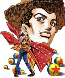  1boy absurdres animal_print araki_hirohiko_(style) ball bandana bandana_around_neck boots brown_eyes brown_hair commentary cow_print cow_print_vest cowboy cowboy_boots cowboy_hat denim english_commentary full_body ggs_cihuy hat highres holding holding_ball holster jeans jojo_no_kimyou_na_bouken long_sleeves looking_at_viewer luxo_ball male_focus multiple_views pants pointing pointing_at_viewer print_vest sheriff_(western) sheriff_badge sheriff_woody short_hair smile steel_ball_run toy_story vest 