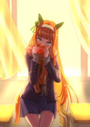  1girl absurdres animal_ears blue_coat blue_eyes blue_skirt blush box brown_scarf classroom coat covering_own_mouth cropped_legs crossed_legs curtains desk ear_covers gift gift_box grey_shirt hair_ornament hairband haruishi_(hruishid) heart-shaped_box highres holding holding_box holding_gift horse_ears horse_girl horse_tail indoors long_hair long_sleeves looking_at_viewer open_clothes open_coat orange_hair pleated_skirt scarf school_desk shirt silence_suzuka_(umamusume) skirt solo tail tracen_winter_coat umamusume valentine white_hairband 
