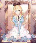  1girl :o alice_(alice_in_wonderland) alice_in_wonderland apron black_bow blonde_hair blue_dress blue_eyes bow card checkered_floor dress e_(eokiba) full_body hair_bow highres holding holding_card juliet_sleeves long_hair long_sleeves looking_at_viewer mirror puffy_sleeves white_apron 