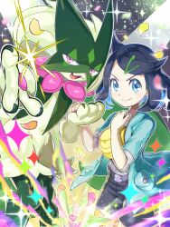  1girl 1other black_hair blue_eyes blue_jacket closed_mouth fanny_pack furry hair_ornament hairclip highres jacket liko_(pokemon) long_sleeves meowscarada open_mouth petals pink_hair pokemon pokemon_(anime) pokemon_(creature) pokemon_horizons runachikku sparkle 