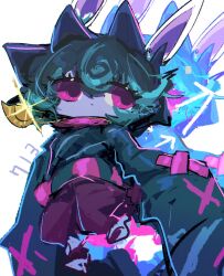  1girl animal_ears black_hoodie colored_skin ears_through_headwear glowing_ears green_hair grey_skin highres hood hood_up hoodie league_of_legends living_shadow long_sleeves monakan_japan pants pink_eyes pink_pants short_hair simple_background sleeves_past_fingers sleeves_past_wrists solo vex_(league) yordle 