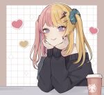  1girl alternate_costume alternate_hairstyle black_sweater blonde_hair hair_ornament hands_on_own_cheeks hands_on_own_face heart highres kotoka_torahime long_hair multicolored_hair nijisanji nijisanji_en off-shoulder_sweater off_shoulder pink_hair red_nails smile solo split-color_hair sweater toumin_(10_miiin) twintails violet_eyes virtual_youtuber x_hair_ornament 