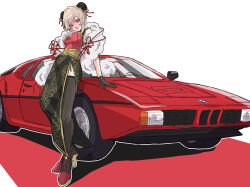  1girl :d absurdres black_thighhighs blonde_hair blush bmw bmw_m1 bun_cover car china_dress chinese_clothes double_bun dress fishnet_thighhighs fishnets full_body furen_e_lustario furen_e_lustario_(7th_costume) hair_bun high_heels highres lozi motor_vehicle nijisanji pelvic_curtain red_car red_eyes red_shoes shoes smile thigh-highs vehicle_focus virtual_youtuber 