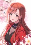  1girl ahoge arisugawa_natsuha black_eyes blazer cherry_blossoms commentary_request earrings highres idolmaster idolmaster_shiny_colors jacket jewelry long_hair looking_at_viewer open_mouth orange_hair osoba_susurukun petals red_jacket solo swept_bangs upper_body 