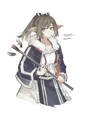  1girl animal_ears arknights black_bow black_jacket bow brown_hair character_name chinese_commentary closed_mouth commentary cropped_legs diagonal-striped_bow dress frills fur-trimmed_jacket fur_trim grey_eyes hair_bow highres holding holding_staff jacket long_sleeves looking_at_viewer nominus open_clothes open_jacket perfumer_(arknights) ponytail short_hair simple_background smile solo staff striped_bow unzipped white_background white_bow white_dress zipper 