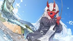  1girl absurdres akumi_(yoclesh) blue_sky blue_tongue colored_skin colored_tongue earrings fish fishing fishing_rod flower_earrings hair_between_eyes highres horns indie_virtual_youtuber jacket jewelry long_hair oni open_mouth pointy_ears red_horns red_oni red_skin scar scar_on_face scar_on_horns shirt skin-covered_horns sky solo tent u_da_desu virtual_youtuber water water_drop white_hair white_shirt yellow_eyes 