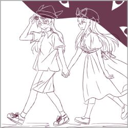  2girls adjusting_eyewear alternate_costume border bow closed_mouth collared_shirt dress from_side fukodesu full_body gap_(touhou) hair_bow hat hat_ribbon holding_hands jitome lineart long_hair matara_okina mob_cap monochrome multiple_girls open_mouth ribbon shirt shoelaces short_sleeves shorts smile socks sunglasses touhou walking yakumo_yukari 