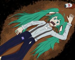  2026_fifa_world_cup absurdres beer_can can commentary drink_can drunk england_flag english_commentary english_miku green_eyes green_hair gremtopia hatsune_miku highres lying neckerchief on_back overalls union_jack world_cup 