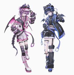  2boys animal_hat bandaid bandaid_on_cheek bandaid_on_face black_collar black_hair black_hat black_jacket black_shirt black_shorts black_thighhighs black_vest blue_hair blue_shoes cat_hat collar commentary crop_top durin_(genshin_impact) earrings genshin_impact hair_ornament hat highres jacket jewelry long_hair male_focus midriff multiple_boys pink_hair red_eyes scaramouche_(genshin_impact) shirt shoes shorts spiked_collar spiked_shoes spikes thigh-highs thigh_strap touyu_1210 vest violet_eyes visor_cap wanderer_(genshin_impact) white_hat white_jacket white_shoes white_shorts x_hair_ornament 