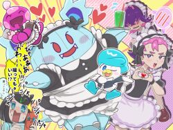  1girl apron black_bow black_dress blush_stickers bow clothed_pokemon commentary_request cosplay cup dot_(pokemon) dress hair_over_one_eye heart highres liko_(pokemon) maid_headdress mascot_costume multiple_views nidorina nidorina_(cosplay) nidothing open_mouth pokemon pokemon_(anime) pokemon_horizons quaxly rotom rotom_phone runachikku tinkatink translation_request tray violet_eyes waist_apron white_apron 