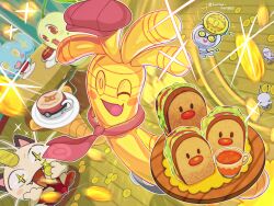  1other blush_stickers chikorita coin cup dugtrio gholdengo gimmighoul gold_coin hat highres holding holding_coin holding_tray meowth neckerchief one_eye_closed open_mouth pay_day_(pokemon) pokemon pokemon_(creature) red_hat red_neckerchief runachikku shinx sparkling_eyes teacup tray wooden_floor 