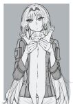  1girl an-94_(girls&#039;_frontline) animal blue_eyes cat cowboy_shot expressionless girls_frontline greyscale hairband highres holding holding_animal holding_cat jacket long_hair long_sleeves looking_at_viewer monochrome nakiusagi simple_background sketch solo spot_color standing straight-on very_long_hair 