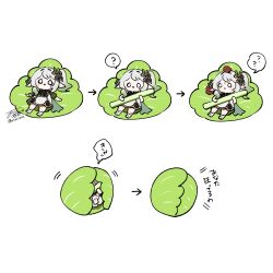  1girl ? ?? chalk commentary_request dress genshin_impact gold_trim gradient_hair green_hair hair_ornament highres holding holding_chalk leaf_hair_ornament lettuce long_hair lying multicolored_hair multiple_views nahida_(genshin_impact) o_o oishii_sasa on_back parted_lips pointy_ears progression side_ponytail signature simple_background speech_bubble spoken_question_mark translation_request white_background white_dress white_hair 