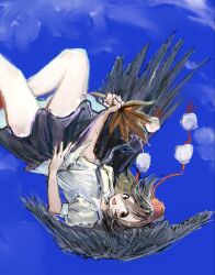  1girl bird_wings black_necktie black_skirt black_wings blue_sky day falling feathered_wings hat highres looking_at_viewer necktie omaega_chan open_mouth pom_pom_(clothes) puffy_short_sleeves puffy_sleeves red_hat shameimaru_aya shirt short_hair short_sleeves skirt sky smile solo tokin_hat touhou white_shirt wings 