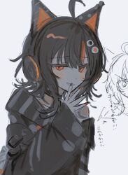  1girl ahoge animal_ear_headphones animal_ears arm_belt asymmetrical_sleeves bare_shoulders black_choker black_hair black_nails black_sweater cat_ear_headphones cat_ears choker eyeball_hair_ornament fake_animal_ears headphones inagoinaire long_sleeves looking_at_viewer mahou_shoujo_no_majo_saiban multicolored_hair nail_polish off-shoulder_sweater off_shoulder orange_eyes orange_nails orange_streaks sawatari_coco short_hair simple_background single_bare_shoulder smile solo streaked_hair striped_sleeves sweater teeth translation_request upper_body white_background 