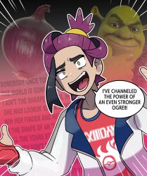  1boy black_hair collarbone commentary crazy_smile english_commentary english_text fingerless_gloves gloves highres jacket juno_son kieran_(pokemon) long_sleeves lyrics male_focus meme multicolored_hair official_alternate_costume official_alternate_hairstyle onion open_clothes open_jacket open_mouth outline poke_ball_print pokemon pokemon_scarlet_and_violet purple_hair red_gloves red_tank_top shrek shrek_(series) smash_mouth smile speech_bubble tank_top teeth two-tone_hair untranslatable_commentary white_jacket white_outline yellow_eyes 
