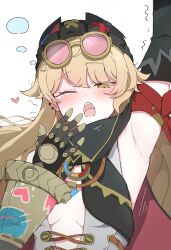  1girl absurdres armpits beanie blonde_hair breasts commentary_request ear_piercing genshin_impact goggles goggles_on_head hair_down hat highres jahoda_(genshin_impact) mechanical_arms one_eye_closed piercing sa8yo_o single_mechanical_arm small_breasts star-shaped_pupils star_(symbol) symbol-shaped_pupils white_background yawning yellow_eyes 