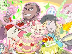  1girl 3boys alcremie appletun beard black_hat blonde_hair blue_eyes bowl breath_weapon breathing_fire commentary_request facial_hair fire fuecoco goatee grin hat highres holding holding_bowl liko_(pokemon) male_focus mitchell_(pokemon) multiple_boys murdock_(pokemon) neckerchief one_eye_closed pokemon pokemon_(anime) pokemon_horizons red_neckerchief roy_(pokemon) runachikku slurpuff smile spicy sprigatito vanillite 