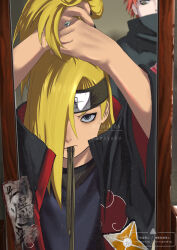  2boys absurdres akatsuki_uniform annoyed asymmetrical_bangs black_eyeliner black_nails blue_eyes brown_eyes commentary_request dansyaku deidara_(naruto) eyeliner fishnet_top fishnets forehead_protector high_ponytail highres jewelry looking_at_another looking_at_mirror looking_at_viewer makeup male_focus mirror mouth_hold multiple_boys naruto_(series) naruto_shippuuden open_clothes open_robe ponytail red_hair ribbon ring robe short_hair shuriken sweatdrop watermark weapon 