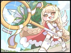  +_+ 1girl :3 :d blonde_hair blush_stickers cape chibi chibi_only commentary_request crown detached_sleeves detached_wings dress erpin_(trickcal) fang fighting_stance full_body garter_straps highres holding holding_staff long_hair long_sleeves nnnnnmmmi4323 open_mouth outdoors red_cape red_eyes shoes sidelocks sleeveless sleeveless_dress smile solo staff sunrise_stance thick_eyebrows thigh-highs tree trickcal very_long_hair white_dress white_shoes white_thighhighs wings 