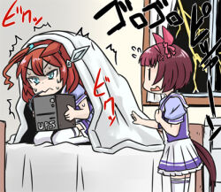  2girls animal_ears bed blue_eyes brown_hair closed_mouth commentary_request ear_covers ears_down hair_ornament hairband horse_ears horse_girl horse_tail indoors lightning looking_ahead looking_at_another lowres mihono_bourbon_(umamusume) multiple_girls nishino_flower_(umamusume) on_bed open_mouth red_hair scared school_uniform seiza shaded_face shirt short_hair short_sleeves sitting skirt sound_effects standing summer_uniform sweat tail takanaga_kouhei thigh-highs tracen_school_uniform trembling umamusume v-shaped_eyebrows window worried 