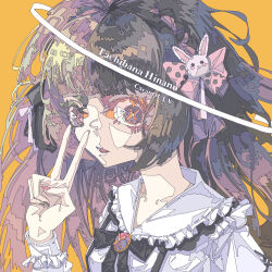  1girl black_bow black_hair blunt_bangs bow brooch caratquex commentary english_commentary frills hair_ornament hand_up highres jewelry jirai_kei ligne_claire long_hair long_sleeves looking_at_viewer multicolored_hair nail_polish open_mouth pink_nails rabbit_hair_ornament ribbon shirt simple_background solo tachibana_hinano upper_body v vspo! white_shirt yellow_background 