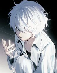  1boy bags_under_eyes cgvske1003 collared_shirt commentary death_note dice grey_eyes hair_over_one_eye holding holding_dice hugging_own_legs light_smile long_sleeves male_focus near_(death_note) pants shirt solo tile_floor tiles untranslatable_commentary upper_body white_hair white_pants white_shirt 