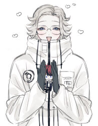  1boy :d ahoge aotsuki_eito black_gloves black_streaks blue_eyes breast_pocket character_doll commentary_request doll drawstring glasses gloves grey_hair grey_jacket hands_up highres hood hoodie jacket jacket_over_hoodie looking_at_viewer loving_aura male_focus multicolored_hair nelt pocket red_hair short_hair smile squinting squishing straight-on streaked_hair stuffed_toy sumino_takumi the_hundred_line_-last_defense_academy- two-tone_hair violet_eyes white_background white_hoodie white_jacket 