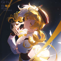  1girl artist_name beret black_background black_gloves black_hat blonde_hair breasts closed_mouth commentary corset detached_sleeves drill_hair english_commentary fingerless_gloves from_above from_side gloves gradient_background hair_ornament hat highres long_hair looking_up magical_girl mahou_shoujo_madoka_magica mahou_shoujo_madoka_magica_(anime) medium_breasts overlighting puffy_short_sleeves puffy_sleeves qiususu ribbon shirt short_sleeves signature simple_background skirt solo tomoe_mami tomoe_mami_(magical_girl) twin_drills twintails white_shirt white_sleeves yellow_eyes yellow_ribbon yellow_skirt 