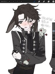  1boy animal_ears ascot averting_eyes belt black_ascot black_shirt black_vest brown_belt brown_hair cowboy_shot cross-shaped_pupils hair_intakes highres id7b identity_v male_focus matthias_czernin rabbit_boy rabbit_ears rabbit_tail scar scar_on_face shirt solo stitched_eye stitched_mouth stitches symbol-shaped_pupils tail vest 