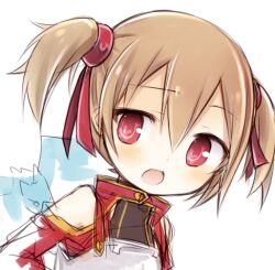  1girl amakaze_sora armor breastplate brown_hair dress hair_between_eyes lowres open_mouth red_dress red_eyes silica simple_background sketch solo sword_art_online twintails upper_body white_background 