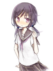  1girl amakaze_sora black_hair black_sailor_collar black_skirt blush closed_mouth hair_ornament hair_over_shoulder hairclip hand_up long_hair low_twintails multicolored_hair original pleated_skirt purple_hair sailor_collar school_uniform serafuku shirt short_sleeves simple_background skirt solo streaked_hair twintails violet_eyes wavy_mouth white_background white_shirt 
