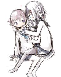  2girls amakaze_sora black_hair black_sailor_collar black_skirt blue_eyes blush braid brown_hair brown_thighhighs closed_mouth eye_contact heart long_hair long_sleeves looking_at_another multiple_girls one_side_up open_mouth original pantyhose pleated_skirt profile sailor_collar shirt simple_background sitting sitting_on_lap sitting_on_person sketch skirt thigh-highs violet_eyes white_background white_pantyhose white_shirt yuri 