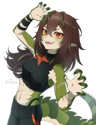  1girl absurdres bawnzee beastiez black_nails black_pants black_shirt brown_hair colored_sclera commentary crocodile_girl fangs green_scales green_streaks highres kairyu_crocodile long_hair looking_at_viewer multicolored_hair open_mouth pants pointy_ears red_eyes shirt sleeveless sleeveless_shirt smile solo streaked_hair untranslatable_commentary very_long_hair virtual_youtuber yellow_sclera 