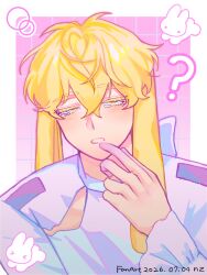  1boy ? alien_stage animal_ears blonde_hair clothing_cutout colored_extremities colored_eyelashes commentary_request dated finger_to_mouth floppy_ears hair_between_eyes highres luka_(alien_stage) male_focus nz_(nz_143_) rabbit rabbit_boy rabbit_ears shirt single_tear solo white_shirt 