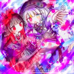  2girls 7qdappi_zizii :d armband beret black_capelet black_hair black_hat black_jacket black_pantyhose black_shirt black_shoes black_skirt blue_bow bow capelet cellphone collared_shirt colored_tips commentary_request contrast_collar crown flower footwear_bow gloves hair_bow hair_flower hair_ornament hat heterochromia highres holding holding_spray_can iphone jacket jacket_partially_removed jogasaki_noah layered_skirt long_hair long_skirt long_sleeves mahou_shoujo_no_majo_saiban mini_crown multi-tied_hair multicolored_eyes multicolored_hair multiple_girls neck_ribbon necktie nikaido_hiro off_shoulder open_mouth overskirt pantyhose phone pleated_skirt polka_dot polka_dot_bow red_armband red_bow red_eyes red_flower red_necktie red_skirt ribbon shirt shoes side_capelet skirt smartphone smile spray_can streaked_hair white_gloves white_hair white_shirt yellow_eyes 